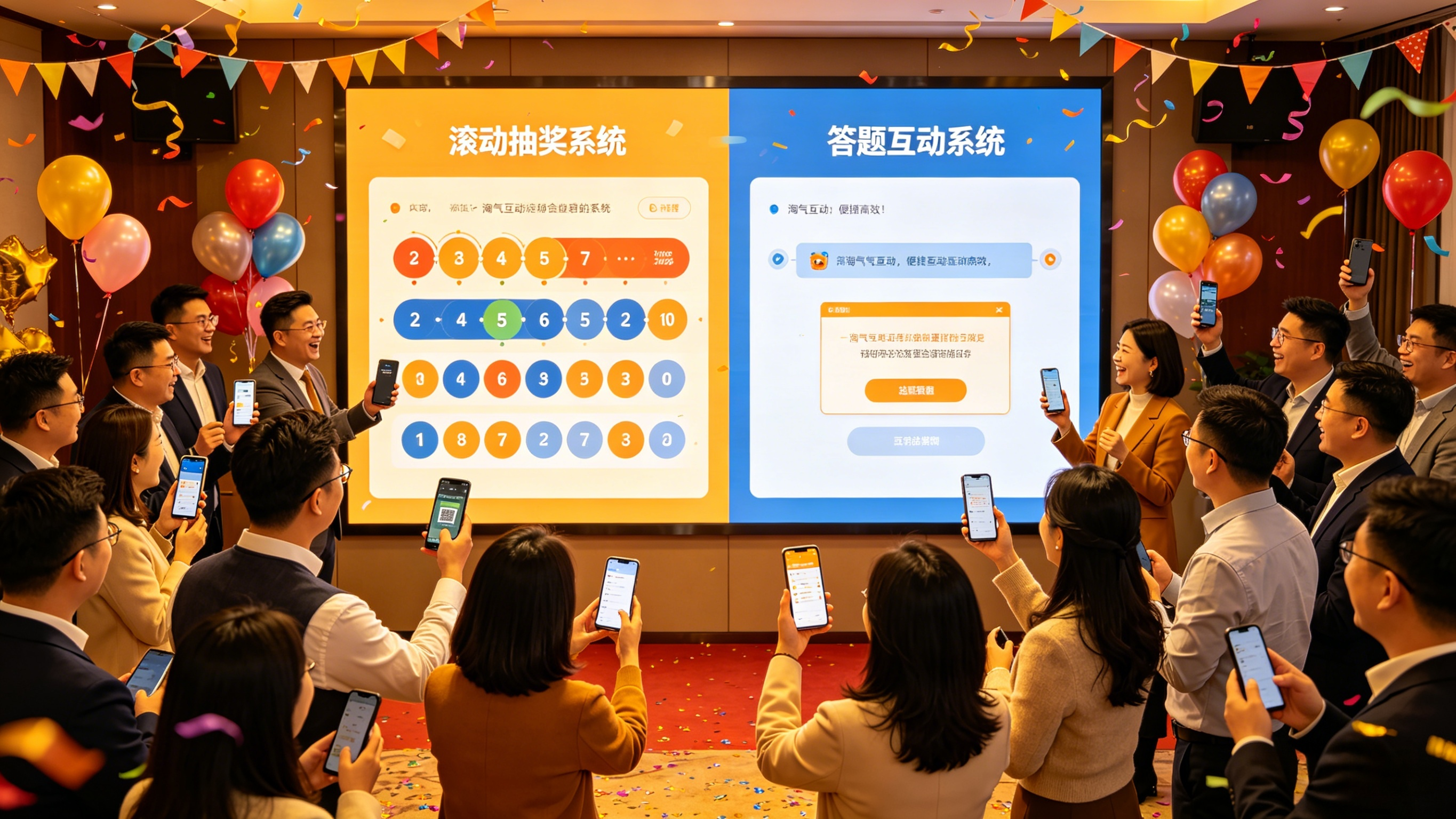 淘气互动会议大屏互动系统适配企业庆典，快速暖场低成本，多场景适配易操作！