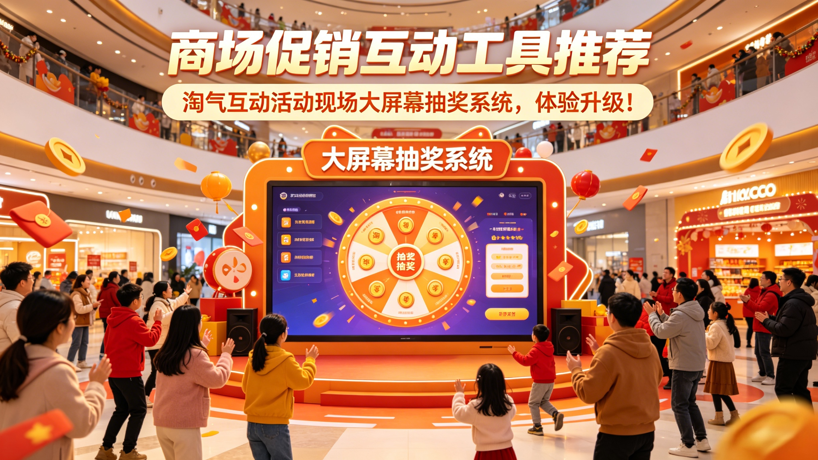 商场促销用什么互动工具？淘气互动活动现场大屏幕抽奖系统，体验升级！