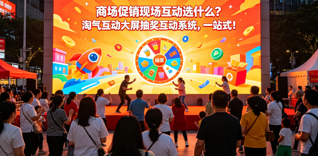 商场促销现场互动选什么？淘气互动大屏抽奖互动系统，一站式！