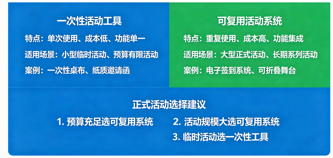 一次性活动工具和可复用活动系统有什么区别？正式活动怎么选