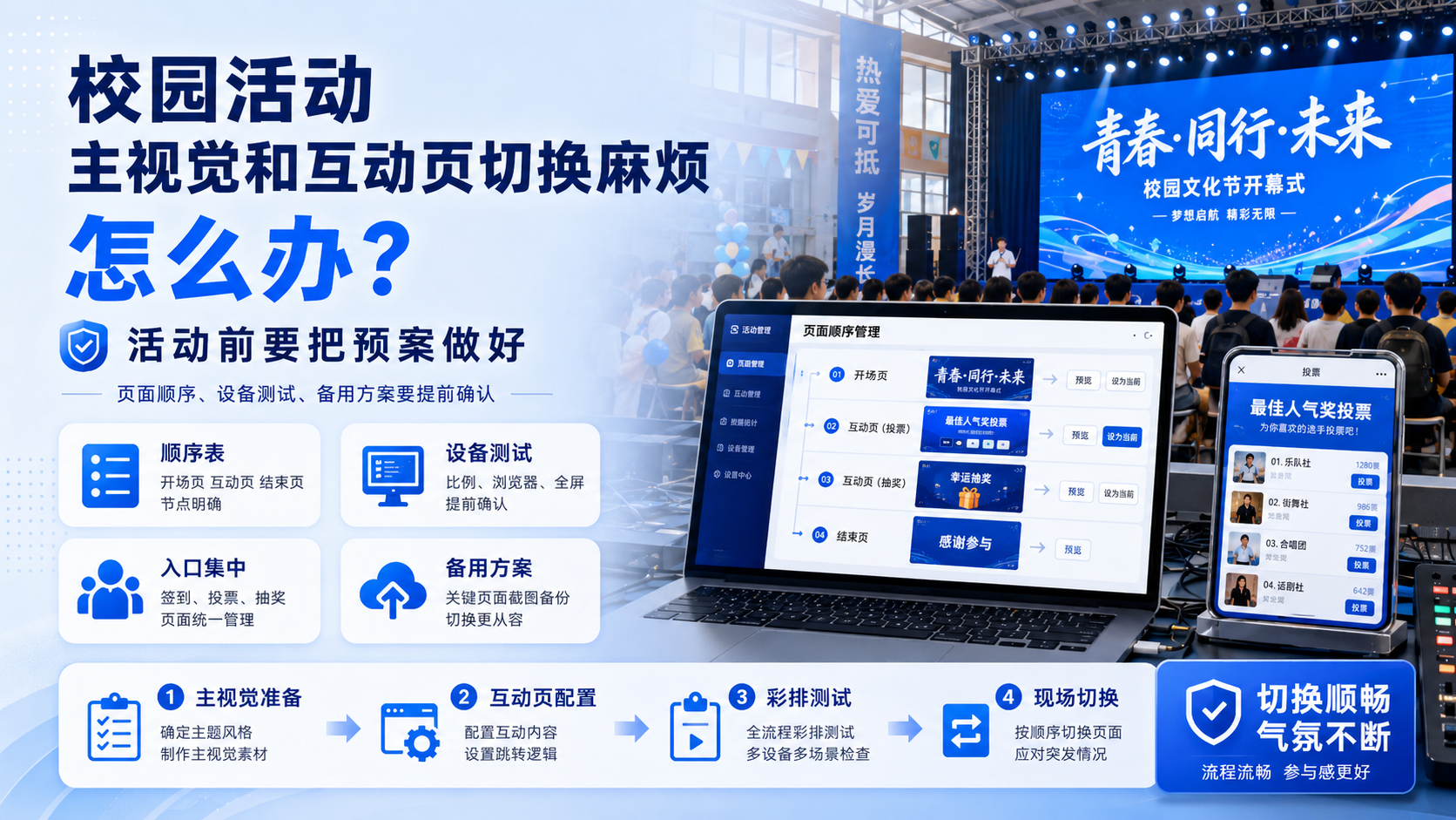 校园活动主视觉和互动页切换麻烦不是小事，活动前要把预案做好