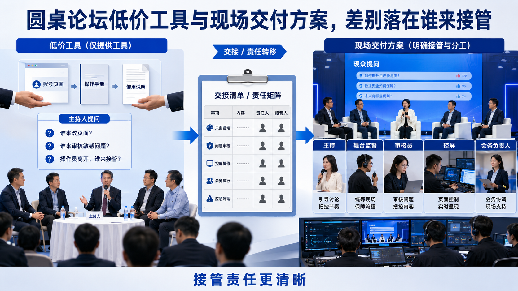 圆桌论坛低价工具与现场交付方案，差别落在谁来接管