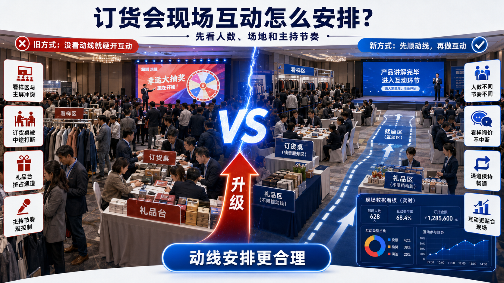 订货会现场互动怎么安排？先看人数、场地和主持节奏 先画出看样区、订货桌和主屏之间的路线