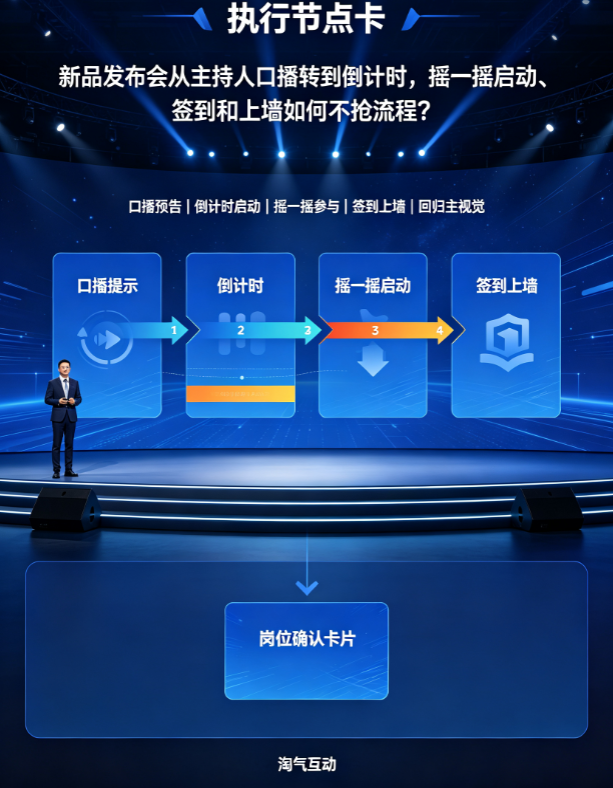  新品发布会从主持人口播转到倒计时，摇一摇启动、签到和上墙如何不抢流程？