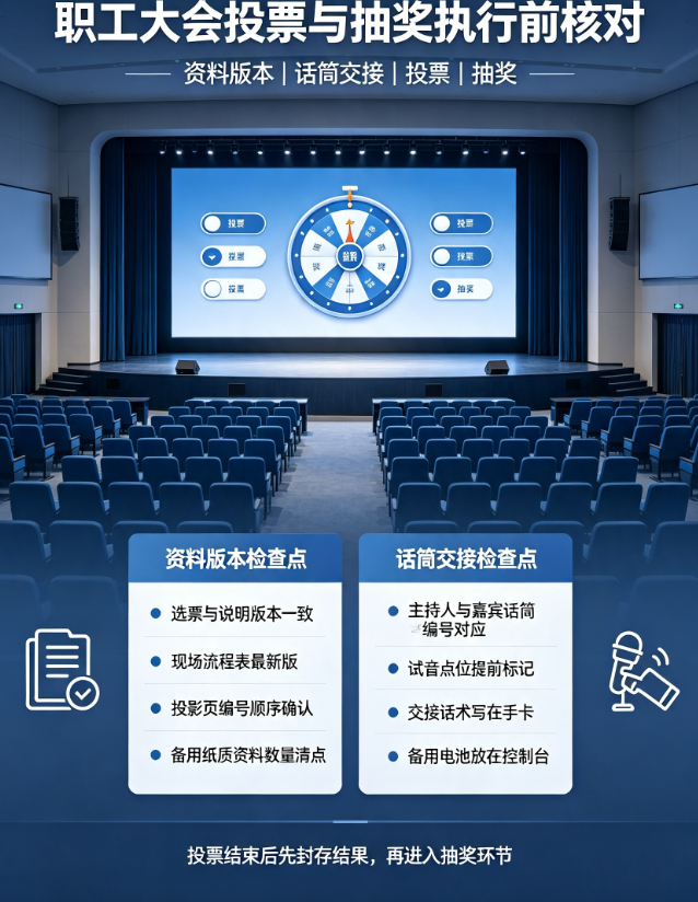 职工大会投票与普通抽奖执行前怎么核对？把资料版本和话筒交接列成两个检查点