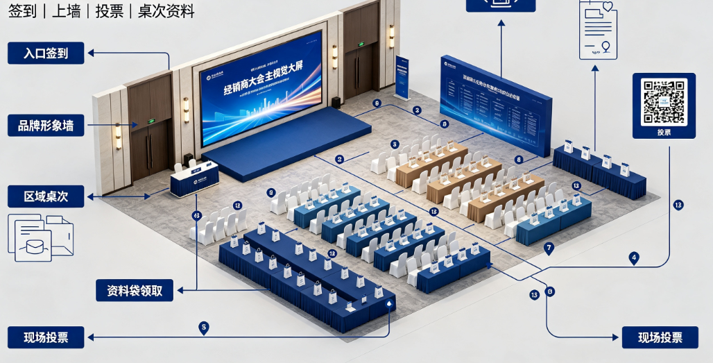 经销商大会区域桌次与资料袋标识挤在一起，签到、上墙和投票应该放在哪一步？