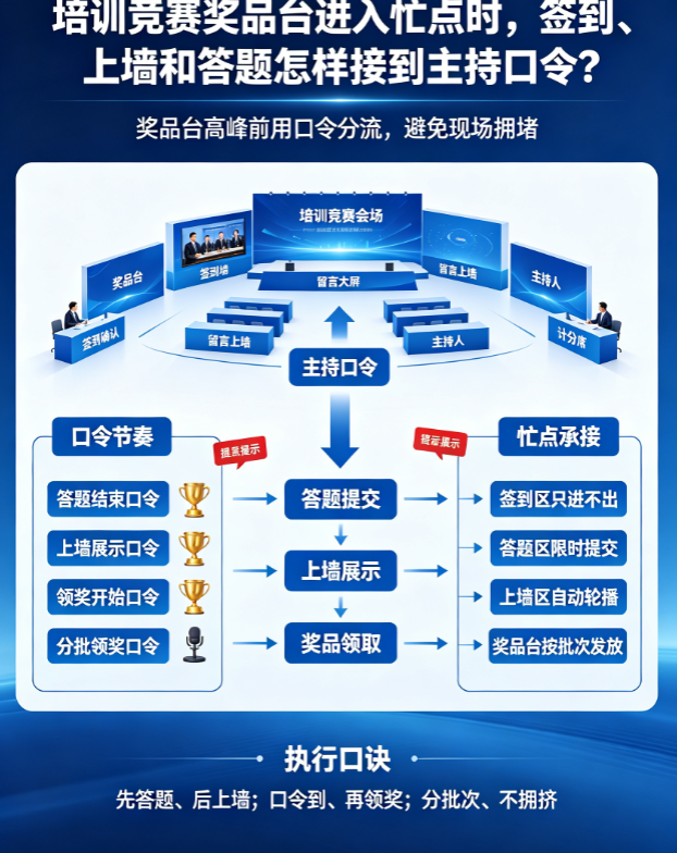 培训竞赛奖品台进入忙点时，签到、上墙和答题怎样接到主持口令？