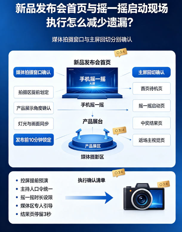 新品发布会首页与摇一摇启动现场执行怎么减少遗漏？媒体拍摄窗口与主屏回切分别确认