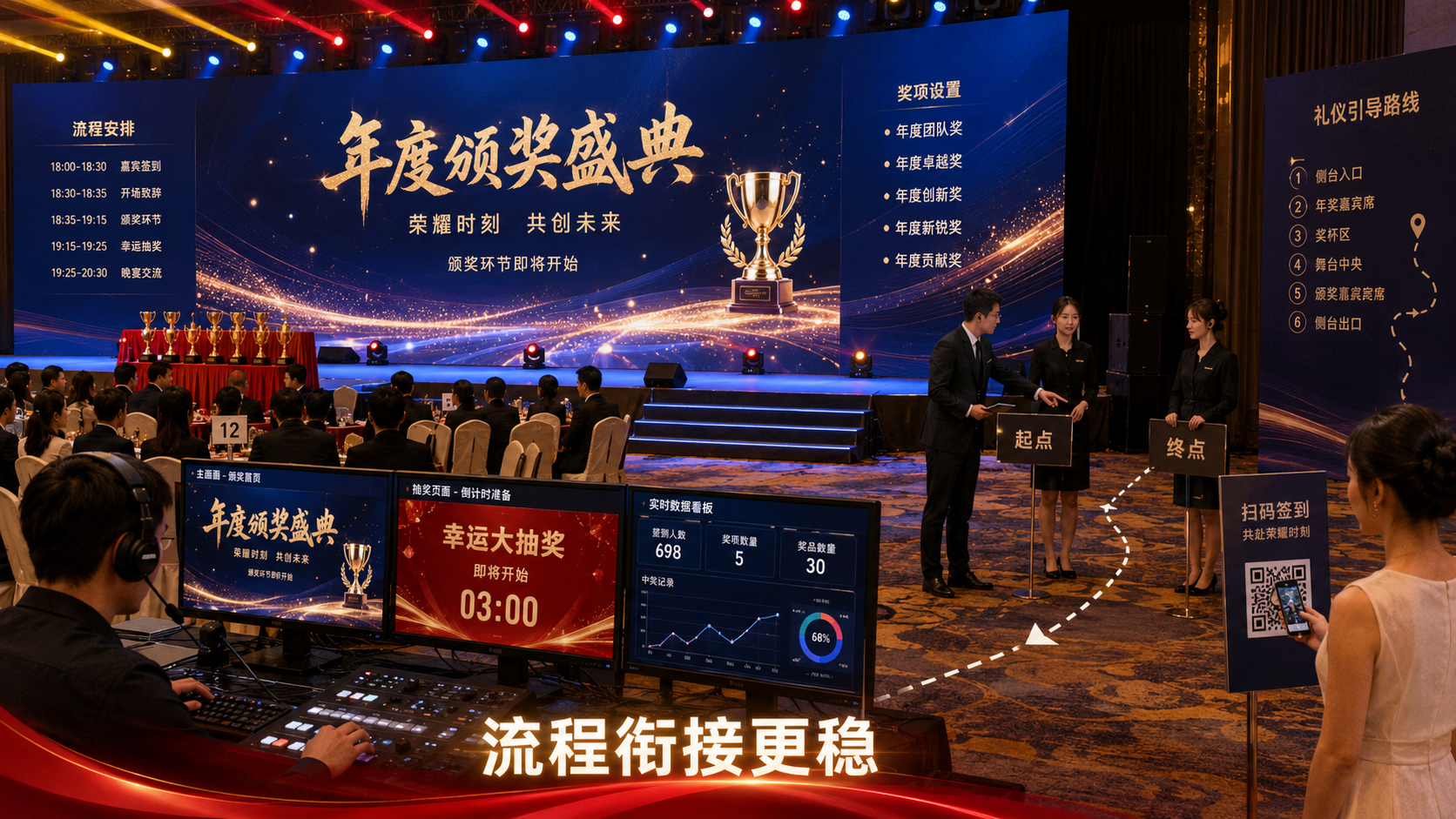 表彰颁奖活动奖杯台即将开始，巨幕抽奖与首页与礼仪动线如何分开准备？