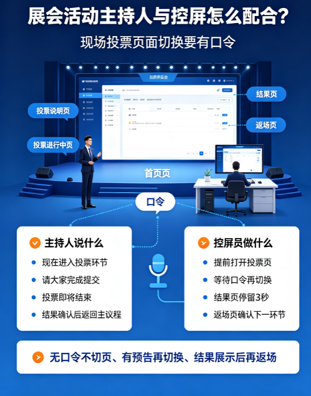 展会活动主持人与控屏怎么配合？现场投票页面切换要有口令