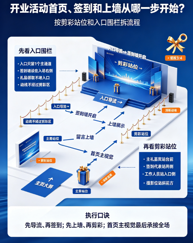 开业活动首页、签到和上墙从哪一步开始？按剪彩站位和入口围栏拆流程