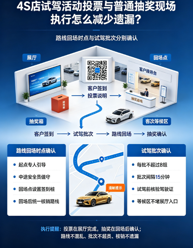4S店试驾活动投票与普通抽奖现场执行怎么减少遗漏？路线回场时点与试驾批次分别确认