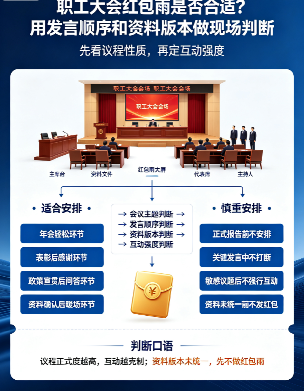 职工大会红包雨是否合适？用发言顺序和资料版本做现场判断