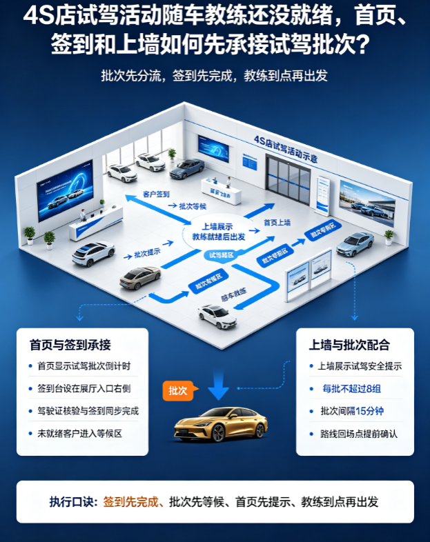 4S店试驾活动随车教练还没就绪，首页、签到和上墙如何先承接试驾批次？