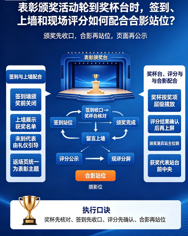  表彰颁奖活动轮到奖杯台时，签到、上墙和现场评分如何配合合影站位？