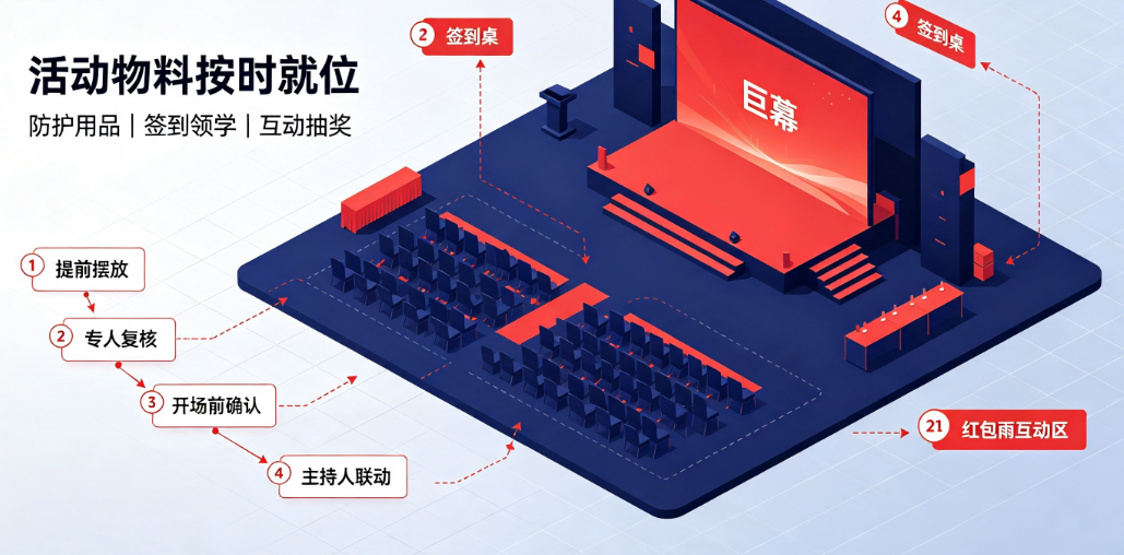 安全生产月活动防护用品摆放没有按时就位，红包雨怎么配合主持口播？