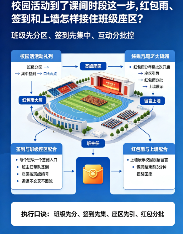 校园活动到了课间时段这一步，红包雨、签到和上墙怎样接住班级座区？
