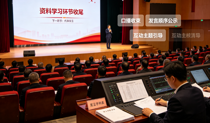 职工大会从资料版本回到发言顺序时，主持口播和上墙怎么对上？