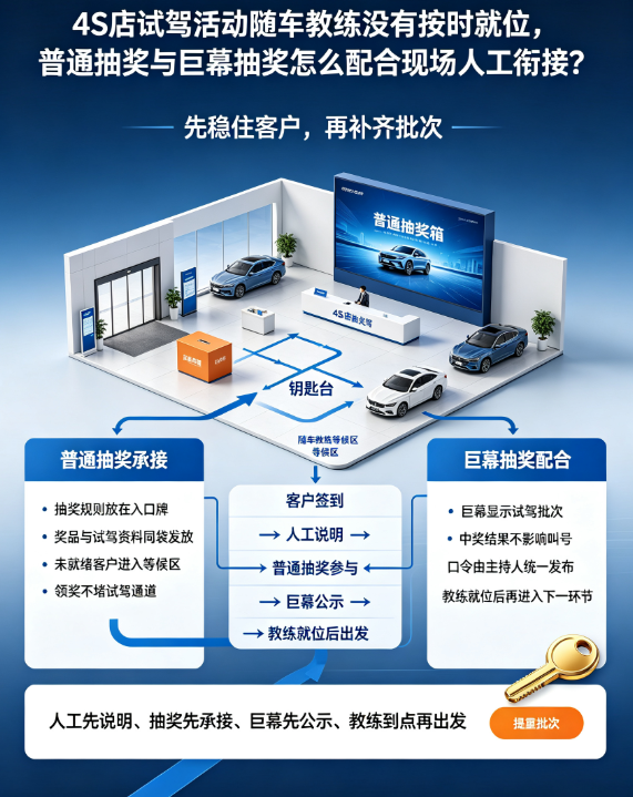 4S店试驾活动随车教练没有按时就位，普通抽奖与巨幕抽奖怎么配合现场人工衔接？