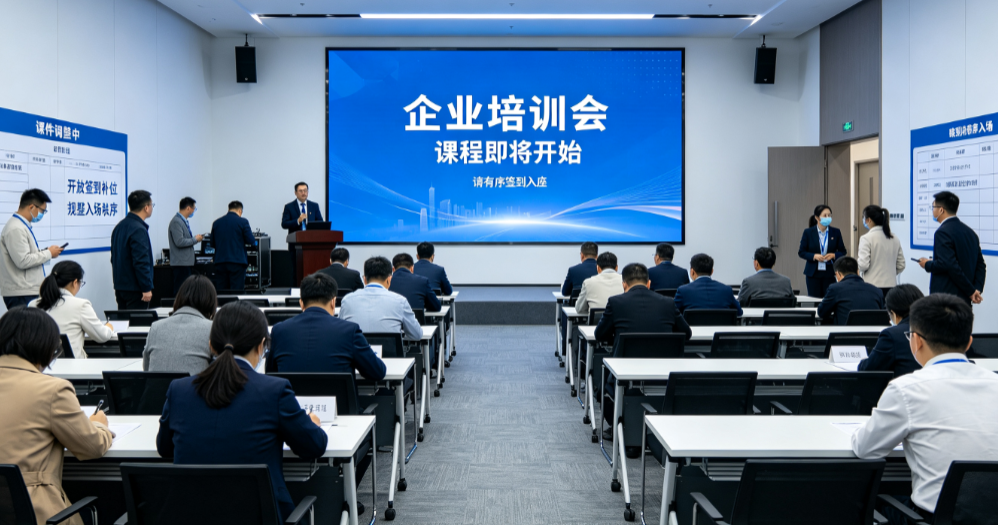 企业培训会备用课件出现延误，现场人工衔接如何配合签到、上墙和答题调整？