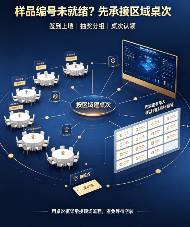 经销商大会产品样品编号还没就绪，普通抽奖、签到和上墙如何先承接区域桌次？