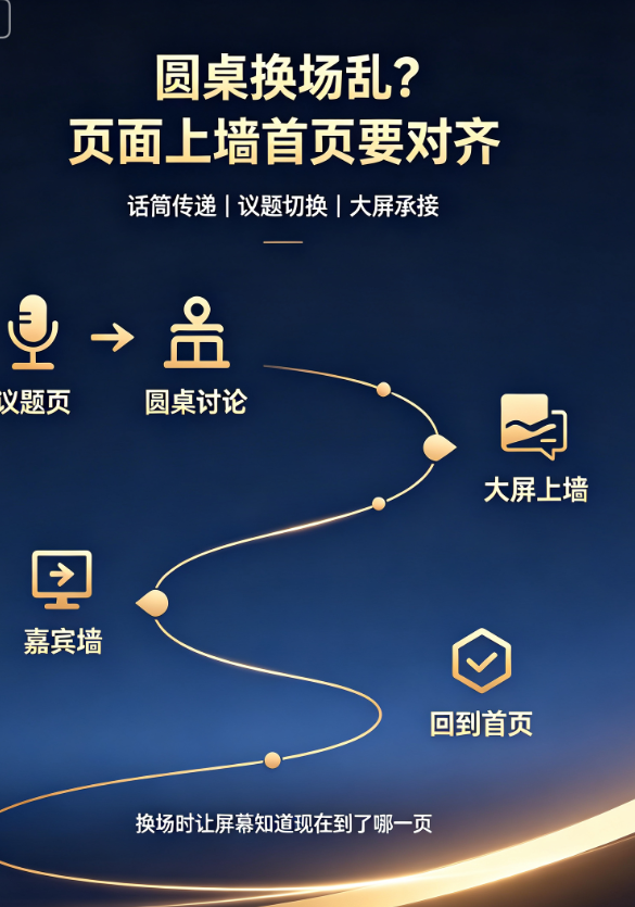 论坛峰会从话筒传递回到圆桌换场时，页面切换和上墙与首页怎么对上？