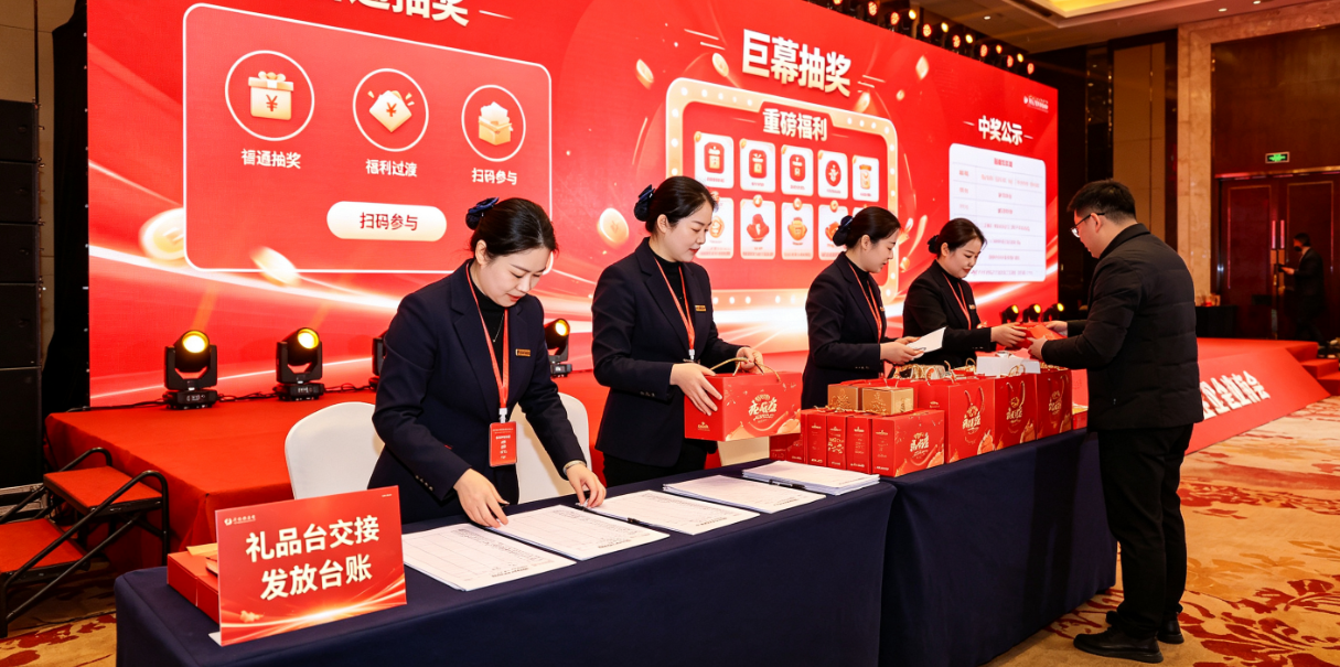 企业年会礼品台交接临时变化，普通抽奖与巨幕抽奖与现场人工流程怎么衔接？