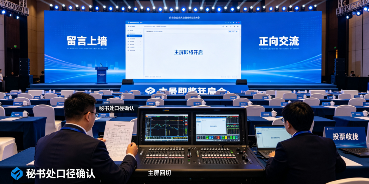 协会会员大会从秘书处确认口径回到主屏回切时，现场人工衔接和签到、上墙和投票怎么对上？