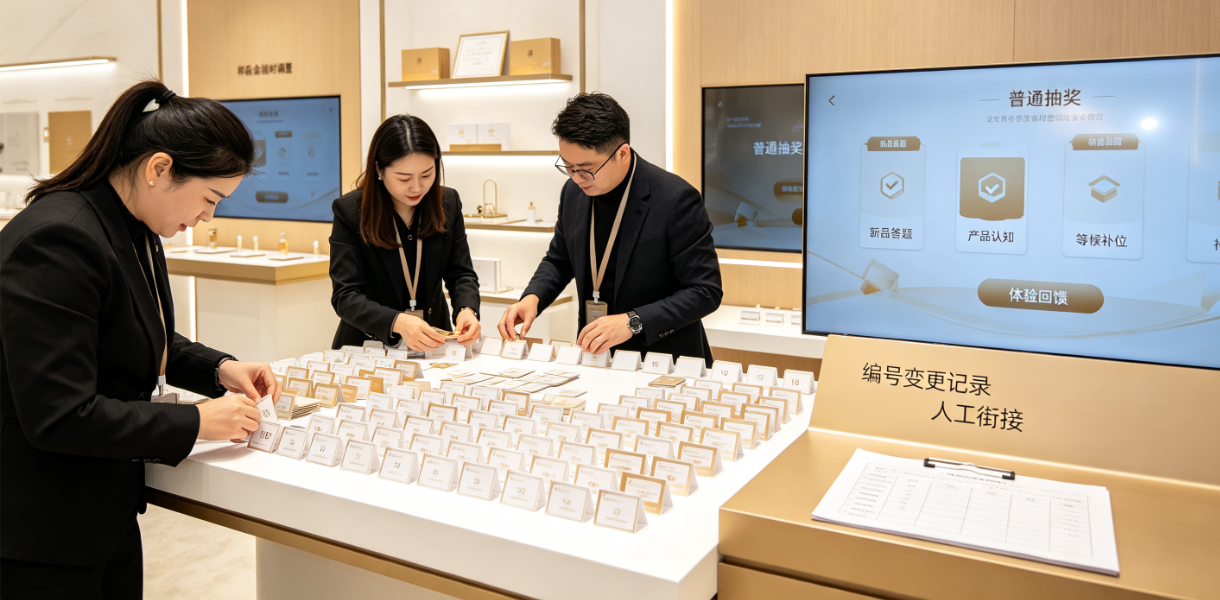 新品品鉴会样品编号临时变化，普通抽奖与答题与现场人工流程怎么衔接？