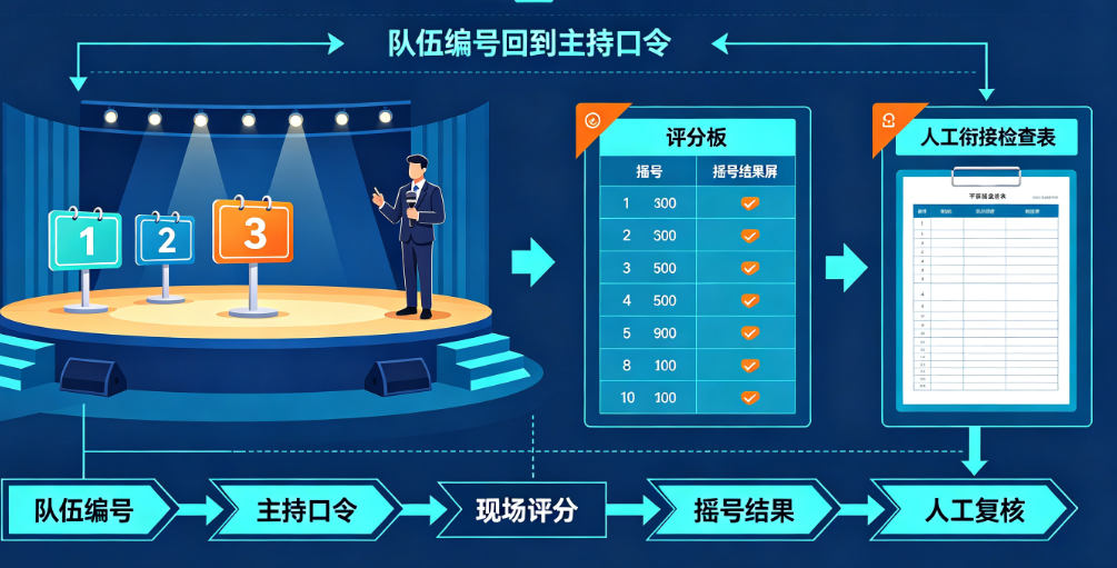 培训竞赛从队伍编号回到主持口令时，现场人工衔接和现场评分与摇号怎么对上？