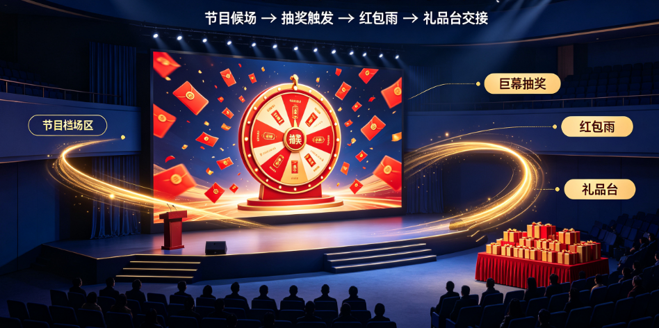 企业年会巨幕抽奖与红包雨流程怎么排不抢节奏？看节目候场和礼品台交接的先后关系