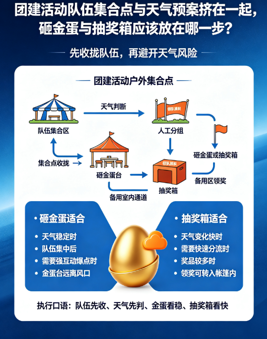 团建活动队伍集合点与天气预案挤在一起，砸金蛋与抽奖箱应该放在哪一步？