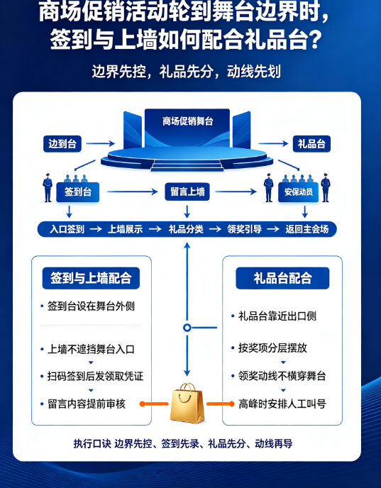 商场促销活动轮到舞台边界时，签到与上墙如何配合礼品台？