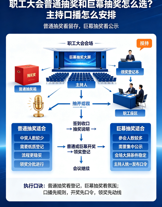 职工大会普通抽奖和巨幕抽奖怎么选？主持口播怎么安排