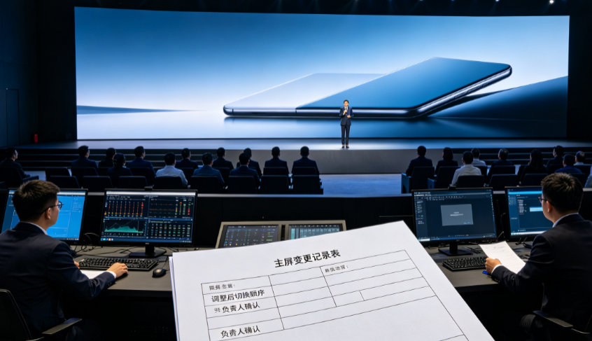  新品发布会主屏回切临时变化，摇一摇启动、签到和上墙与纸质登记怎么衔接？