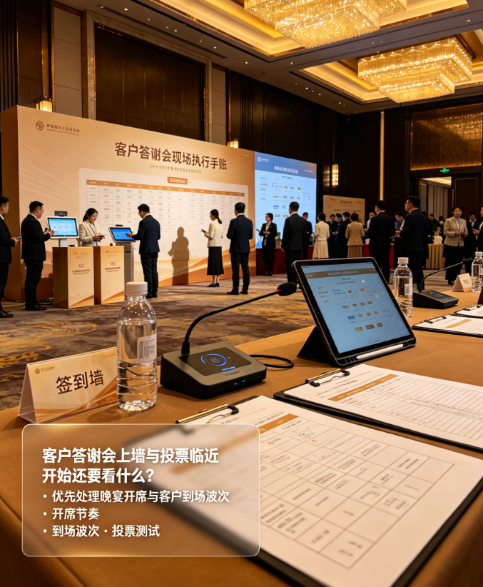 客户答谢会上墙与投票临近开始还要看什么？优先处理晚宴开席与客户到场波次