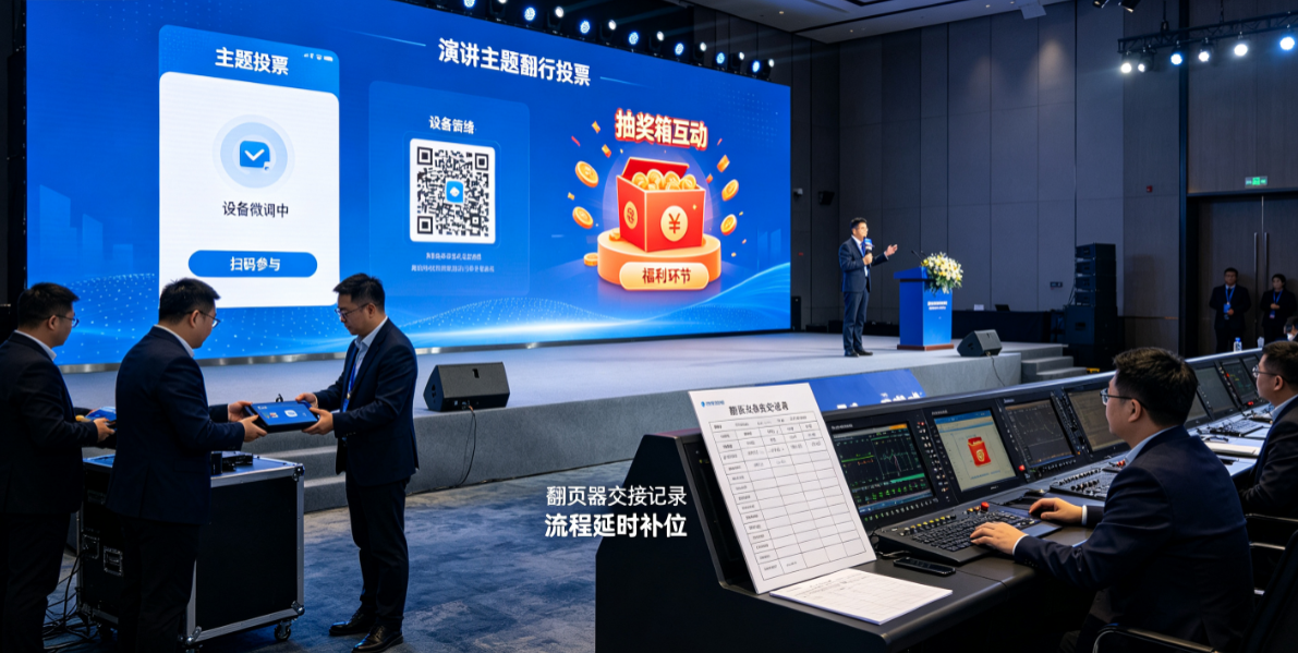 嘉宾演讲会翻页器交接临时变化，抽奖箱与投票与现场人工流程怎么衔接？