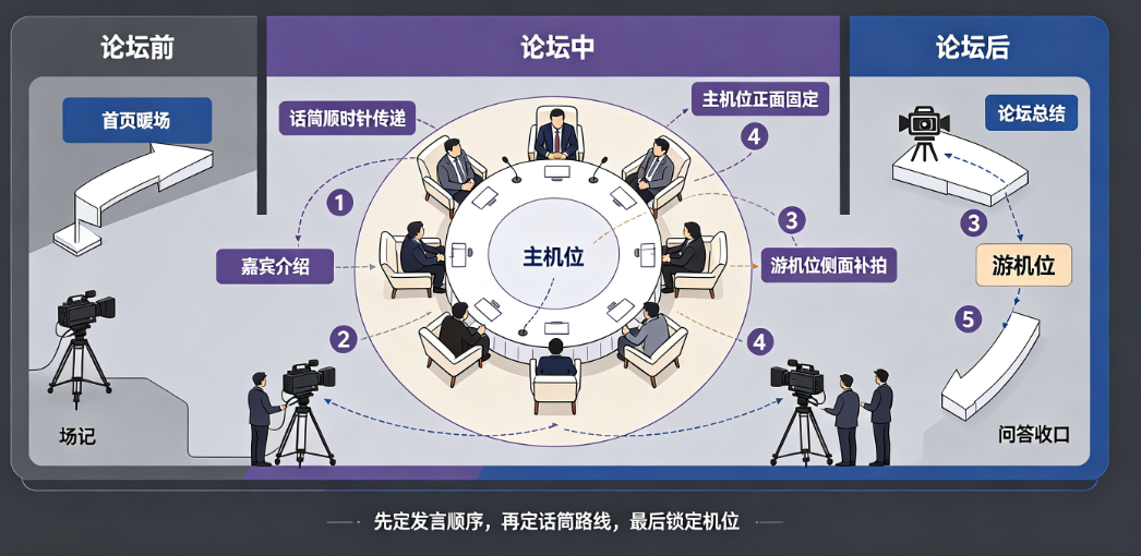 圆桌论坛首页前后怎么衔接？话筒传递路线和摄影机位要分清顺序