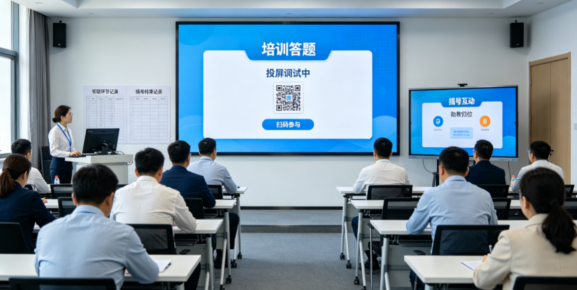 企业培训会从投屏接口回到助教站位时，纸质登记和摇号与答题怎么对上？