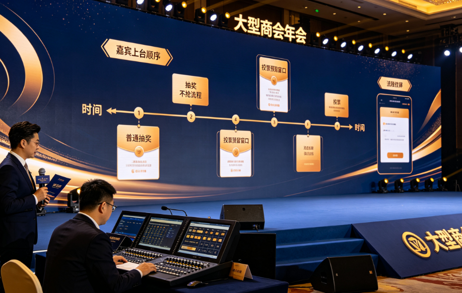 商会年会从秘书处口径转到嘉宾上台顺序，普通抽奖与投票如何不抢流程？