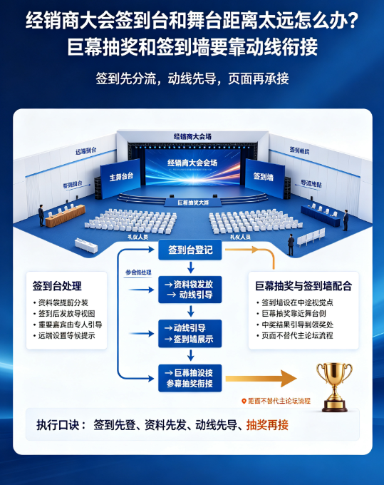 经销商大会签到台和舞台距离太远怎么办？巨幕抽奖和签到墙要靠动线衔接