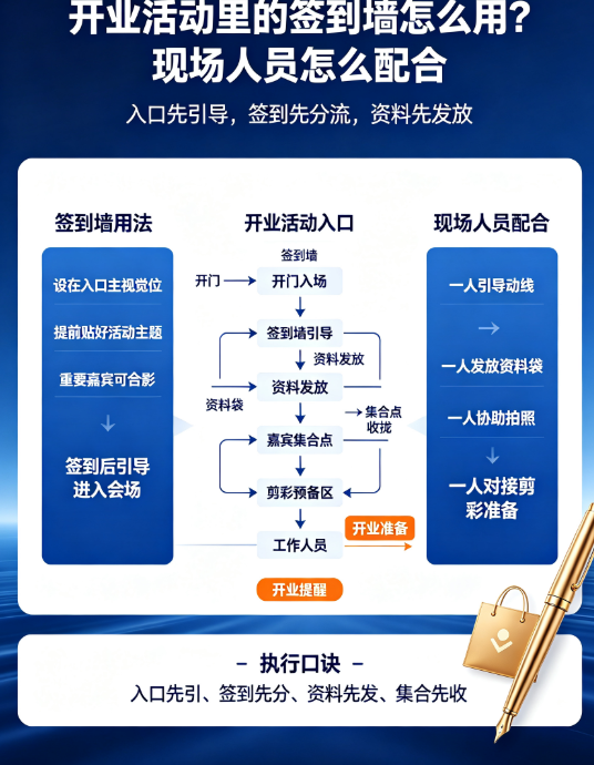 开业活动里的签到墙怎么用？现场人员怎么配合