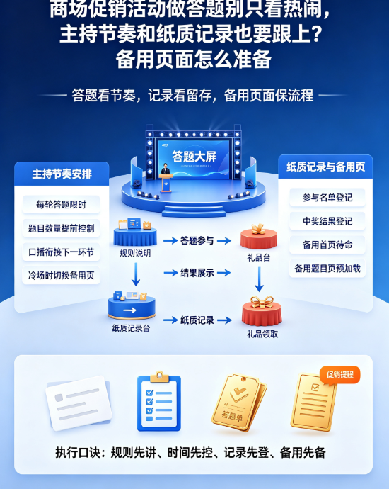 商场促销活动做答题别只看热闹，主持节奏和纸质记录也要跟上？备用页面怎么准备