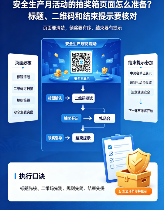 安全生产月活动的抽奖箱页面怎么准备？标题、二维码和结束提示要核对