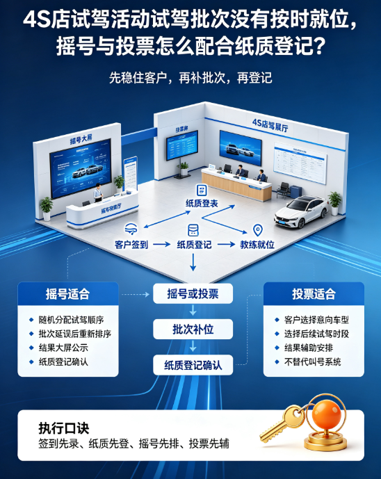 4S店试驾活动试驾批次没有按时就位，摇号与投票怎么配合纸质登记？