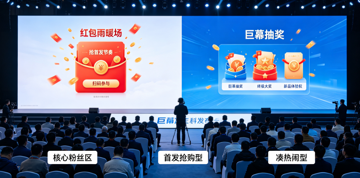 新品发布会暖场用红包雨还是巨幕抽奖？看观众是来抢首发的还是来凑热闹的