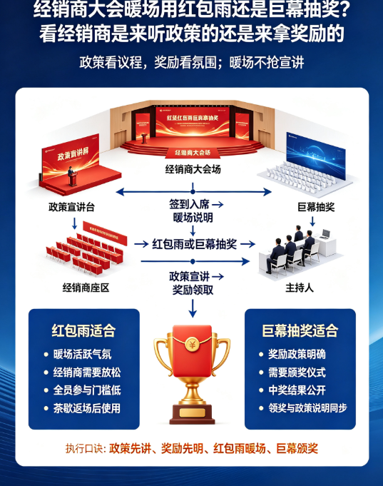 经销商大会暖场用红包雨还是巨幕抽奖？看经销商是来听政策的还是来拿奖励的